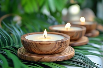 Aufkleber - Calmness and serenity captured in decorative candles placed on lush green leaves in a tranquil setting