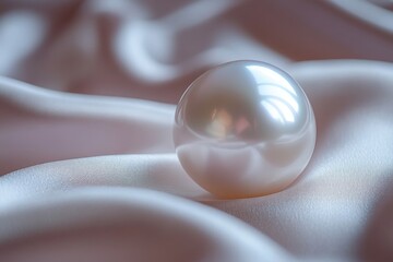 Poster - Elegant pearl resting on soft satin fabric in a tranquil setting with gentle lighting