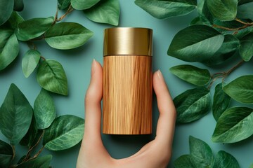 Poster - Sustainable bamboo container held in hand surrounded by lush green foliage in a calm indoor setting