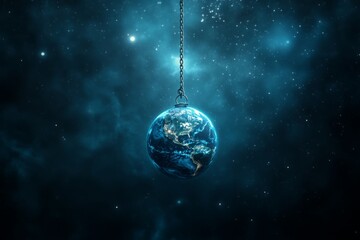 Leinwandbilder - Hanging globe representing Earth illuminated against a cosmic background with stars and nebulae in the universe