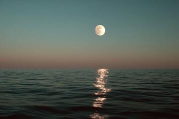 Poster - Moonlight reflects on calm ocean waters at twilight with a tranquil sky in the background