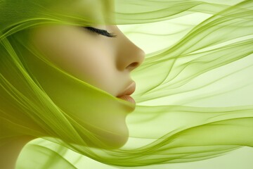 Aufkleber - Beautiful woman with flowing green fabric highlighting her features in a serene and artistic portrait