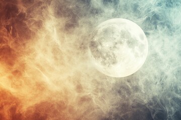 Poster - Mystical moon surrounded by swirling orange and blue fog blending together in a dreamlike atmosphere at night
