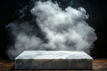 Poster - Mysterious marble platform surrounded by swirling smoke in a dimly lit environment