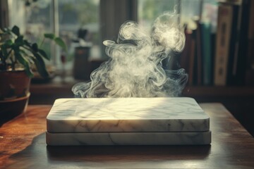 Leinwandbilder - Smoke billowing from a marble surface under soft light in a cozy indoor setting