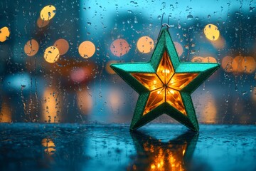 Poster - Decorative green star shines through rain-covered window with blurred city lights in the background during evening hours
