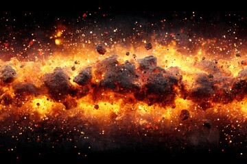 Poster - Bright explosion of fiery sparks and molten rocks in a cosmic landscape during a dramatic space event at night