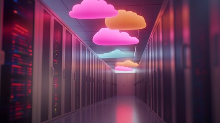 Aufkleber - Digital clouds hover over rows of interconnected servers, with vibrant data streams flowing between them, showcasing the evolution of cloud technology