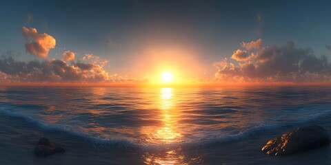 Wall Mural - Dramatic ocean sunset with a bright blue sky blending into orange and yellow hues, golden sun reflections on calm water, waves gently washing over a sandy beach with rocks.  