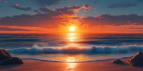 Wall Mural - Dramatic ocean sunset with a bright blue sky blending into orange and yellow hues, golden sun reflections on calm water, waves gently washing over a sandy beach with rocks.  