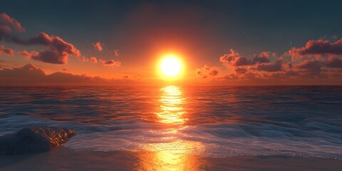 Wall Mural - Dramatic ocean sunset with a bright blue sky blending into orange and yellow hues, golden sun reflections on calm water, waves gently washing over a sandy beach with rocks.  