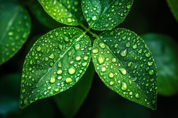 Poster - Close-up of green leaves glistening with raindrops in a lush garden after a refreshing rain shower