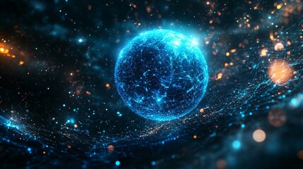 illustration of a futuristic sci-fi universe with holographic planets, vibrant stars, and advanced t