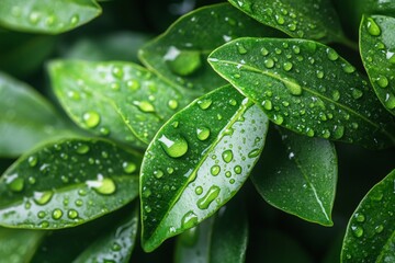 Poster - Fresh green leaves covered in water droplets on a branch after a morning rain in a natural setting