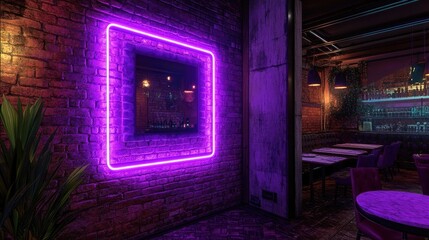 Poster - A glowing purple neon frame set against a vintage brick wall, blending modern lighting with urban design for a stylish, artistic look.