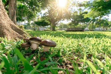 Poster - Mushrooms growing in a lush park under sunlight during a warm afternoon