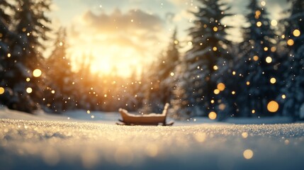 Aufkleber - A tranquil winter landscape features snow-laden pine trees and a solitary wooden sleigh, illuminated by the warm hues of a setting sun and glimmering frost