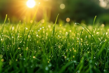Poster - Morning sunlight glistens on fresh dewy grass in a tranquil garden setting