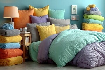 Poster - Cozy bedroom with colorful pillows and neatly stacked towels for a relaxing atmosphere in a modern interior design