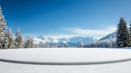 Aufkleber - A wide-angle view of a circular platform is surrounded by snowy trees and mountains under soft diffused light, creating a tranquil winter atmosphere