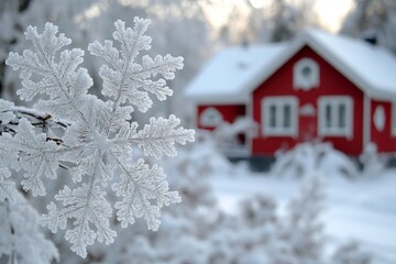 Aufkleber - Snowflake close-up with a cozy red house in a winter landscape at dusk in a tranquil setting