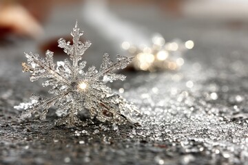 Poster - Delicate snowflake glistens on a textured surface during winter season
