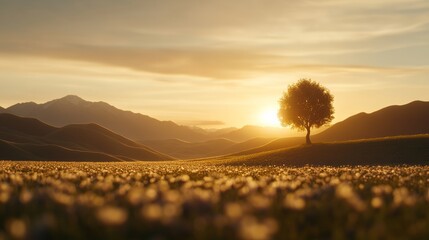 Aufkleber - A meadow bathed in golden sunlight features vibrant wildflowers and a solitary tree casting a long shadow as the sun sets behind distant hills
