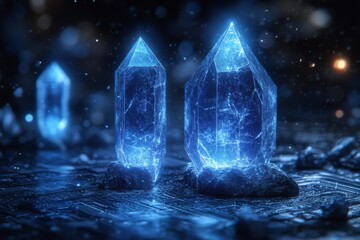 Aufkleber - Magnificent blue crystals illuminating a dark, mystical landscape at twilight