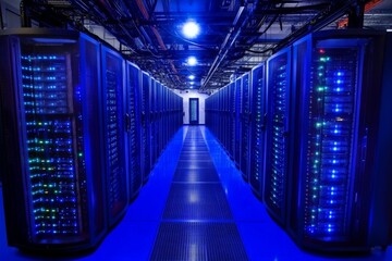 Poster - Data center filled with rows of servers illuminated by blue lights at night