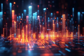 Aufkleber - Urban skyline illuminated by neon lights at night, showcasing a futuristic cityscape with vibrant colors and dynamic atmosphere