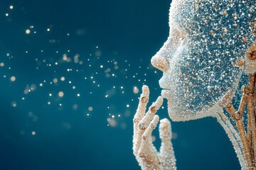 Aufkleber - Sculpted figure made of shimmering particles with a gentle hand gesture against a soft blue backdrop