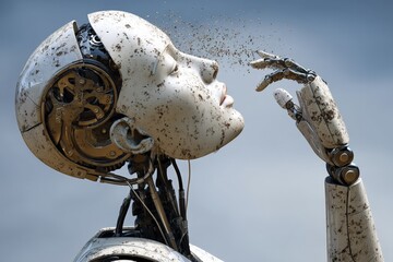 Aufkleber - Robot figure interacting with dust particles against a cloudy sky during daylight