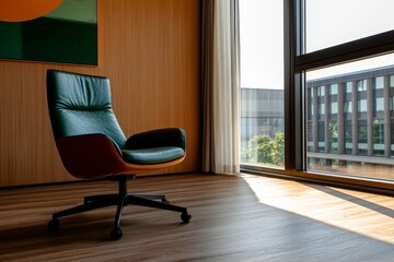 Poster - A single retro armchair invites relaxation in a cozy study room, where sunlight streams through a window, illuminating abstract art on the wall