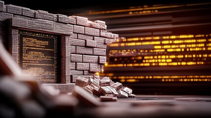 Abstract representation of a digital world with a brick wall and glowing code backdrop