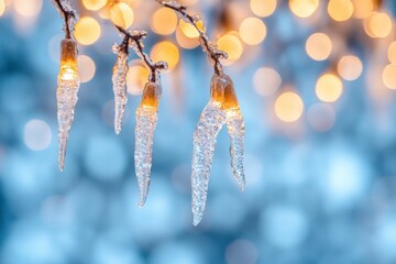 Aufkleber - Icicles with warm lights create a cozy winter atmosphere in a festive outdoor setting during the holiday season