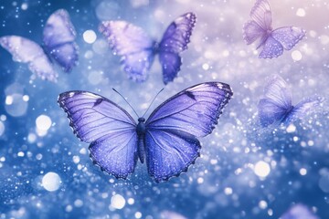 Fototapete - Colorful butterflies fluttering in a magical landscape with sparkling bokeh lights during twilight