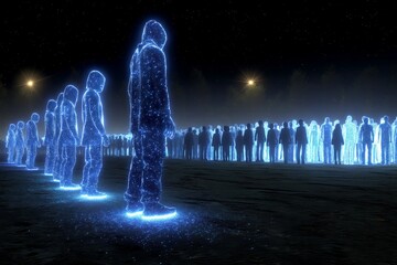 Poster - Silhouettes of people illuminated in blue light during nighttime gathering in a serene, dark landscape