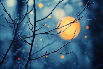 Aufkleber - Winter twilight reflecting through frost-covered branches and falling snow in a serene forest setting