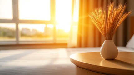 Poster - A wide-angle view of a bright bedroom features soft white bedding and a charming vase with decorative grasses, bathed in warm sunlight from sheer curtains