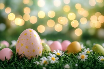 Poster - Colorful Easter eggs surrounded by flowers and lights during spring celebration