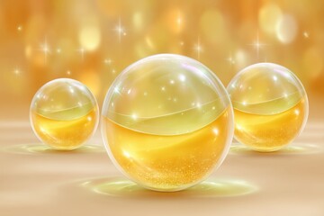 Leinwandbilder - Bubbles of golden liquid floating against a shimmering yellow background create a serene atmosphere of beauty and tranquility