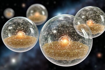 Fototapete - Abstract representation of cosmic spheres with glowing cores floating in a dark space environment