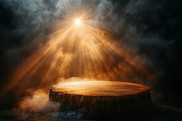 Aufkleber - Mysterious light beams shine down on an isolated platform surrounded by fog in a dramatic landscape at dawn