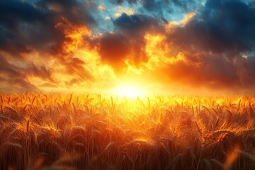 Aufkleber - Golden wheat field bathed in sunset light with dramatic clouds reflecting hues of orange and yellow