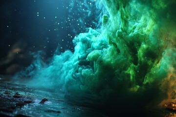 Poster - Creative display of green and teal smoke swirling in an artistic presentation during a nighttime event