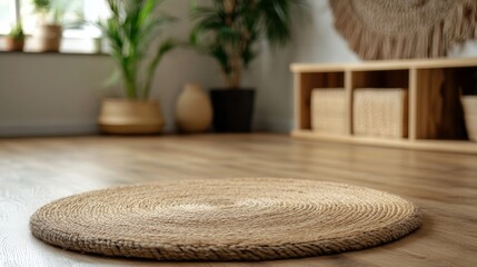 Fototapete - Wide-angle view of a warm living room featuring a large round rug, decorative plants, and a unique wall hanging, inviting relaxation and comfort