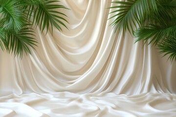 Poster - Elegant backdrop with flowing fabric and lush green plants for a stylish event setting