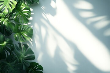 Aufkleber - Monstera leaves casting shadows on a pale wall creating a serene tropical atmosphere