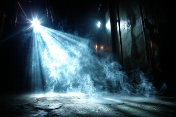 Poster - Mysterious light beams breaking through smoke in a dimly lit corridor
