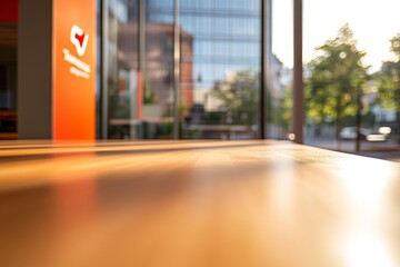 Aufkleber - A modern conference table bathed in natural sunlight fills the office space as large windows offer a glimpse of the outside greenery, enhancing productivity